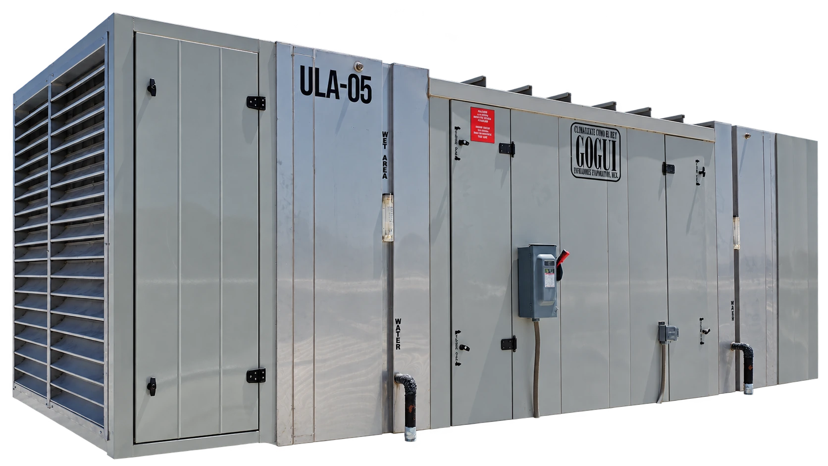 Equipo evaporativo industrial plateado Gogui con rejillas laterales y puertas de acceso